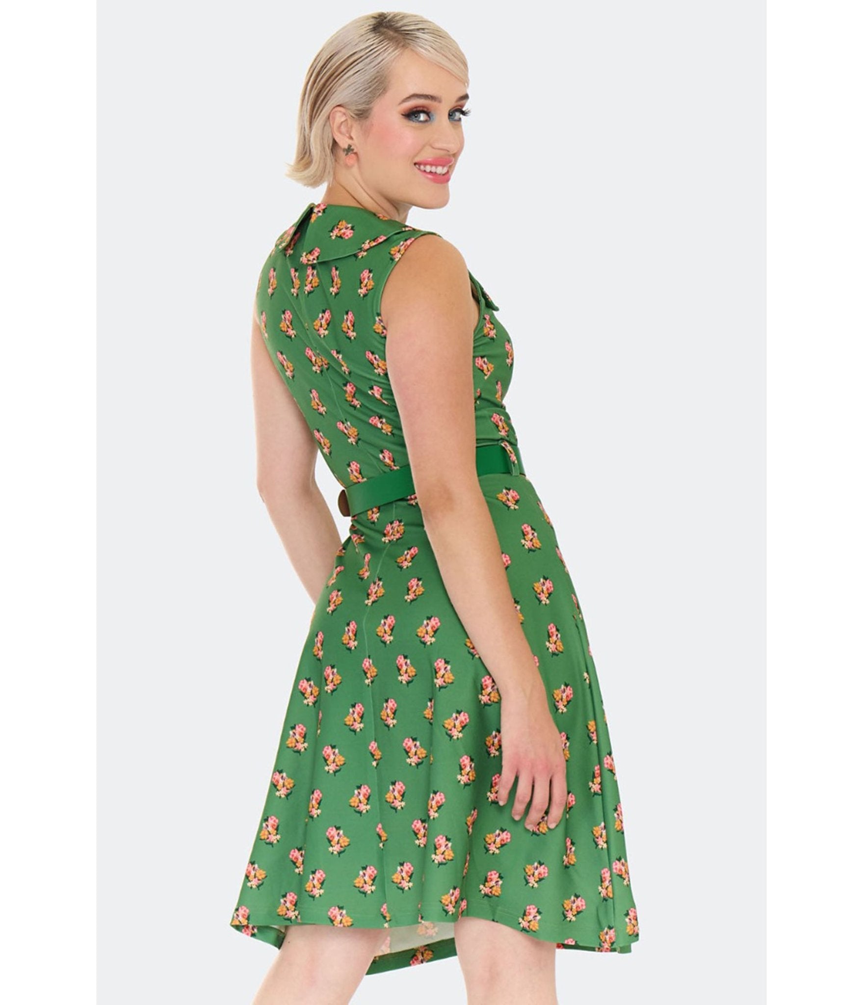 Voodoo Vixen Green Cat Floral Print Flare Dress - Unique Vintage - Womens, DRESSES, FIT AND FLARE