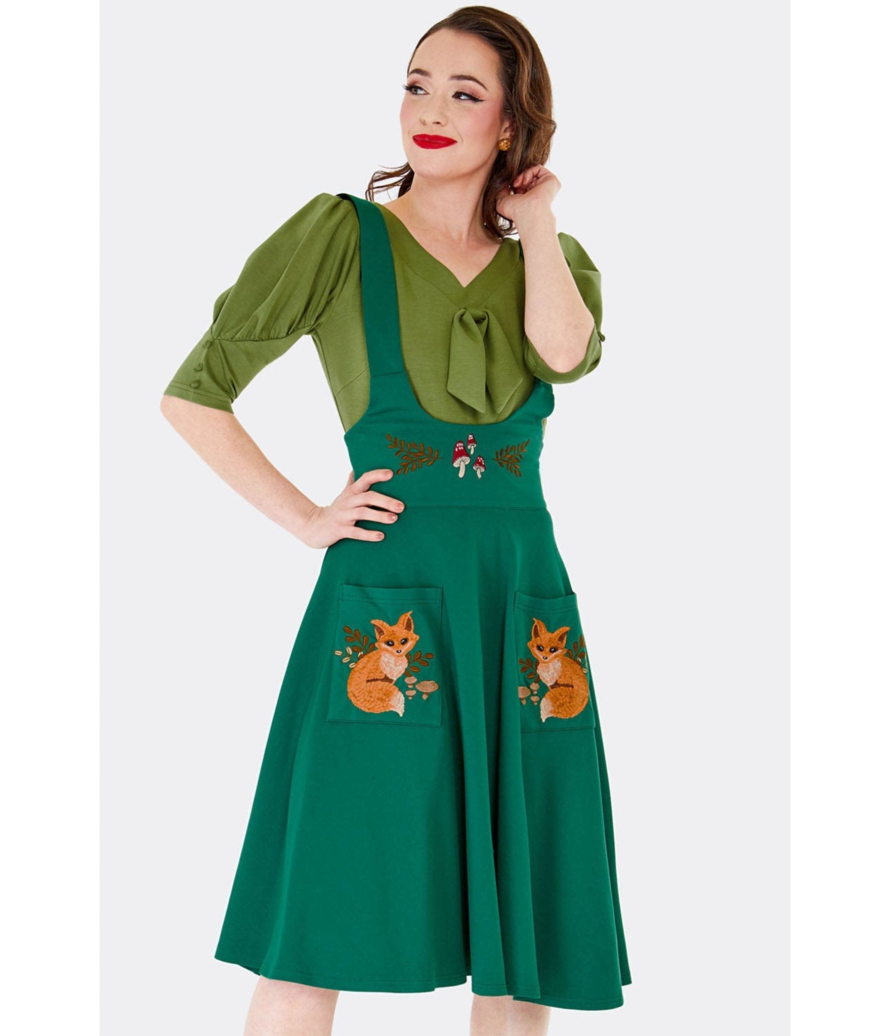 Voodoo Vixen Green Forest Fox Suspender Swing Skirt - Unique Vintage - Womens, BOTTOMS, SKIRTS