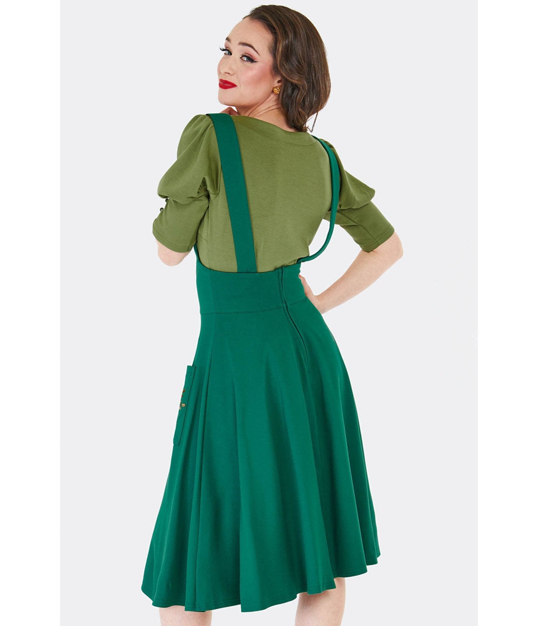 Voodoo Vixen Green Forest Fox Suspender Swing Skirt - Unique Vintage - Womens, BOTTOMS, SKIRTS