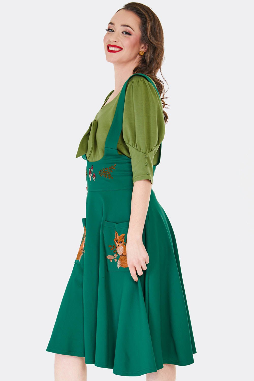 Voodoo Vixen Green Forest Fox Suspender Swing Skirt - Unique Vintage - Womens, BOTTOMS, SKIRTS