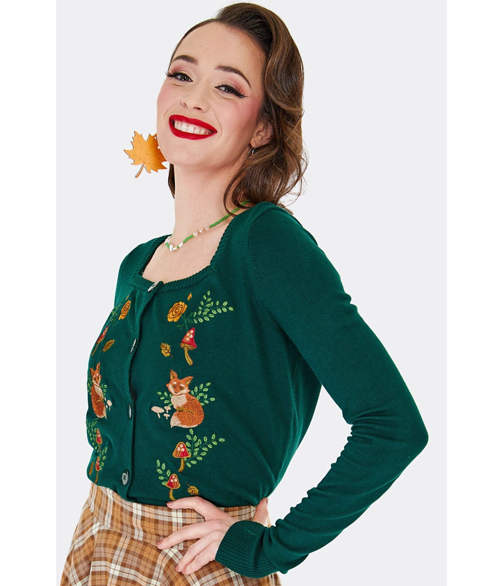 Voodoo Vixen Green Fox & Mushroom Embroidered Cardigan - Unique Vintage - Womens, TOPS, SWEATERS