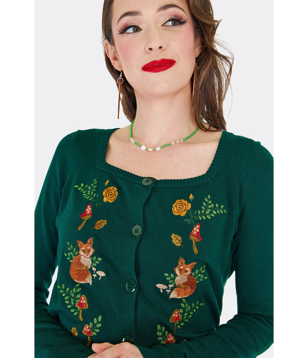 Voodoo Vixen Green Fox & Mushroom Embroidered Cardigan - Unique Vintage - Womens, TOPS, SWEATERS
