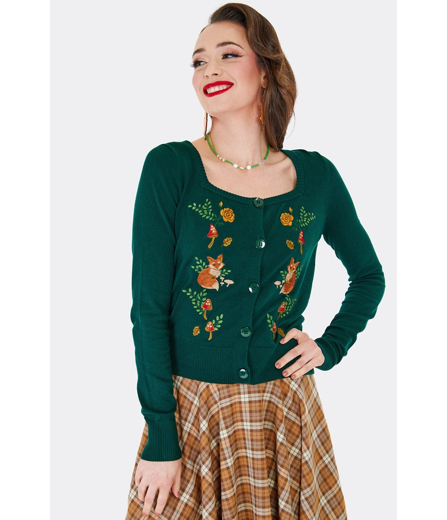 Voodoo Vixen Green Fox & Mushroom Embroidered Cardigan - Unique Vintage - Womens, TOPS, SWEATERS