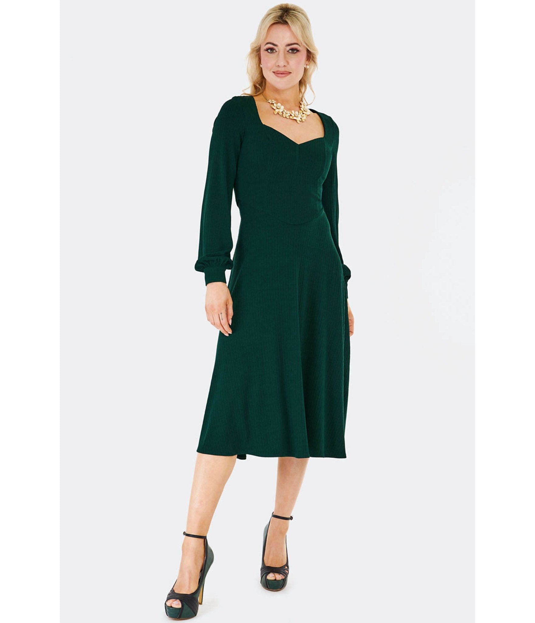 Voodoo Vixen Green Long Sleeve Swing Dress - Unique Vintage - Womens, DRESSES, FIT AND FLARE