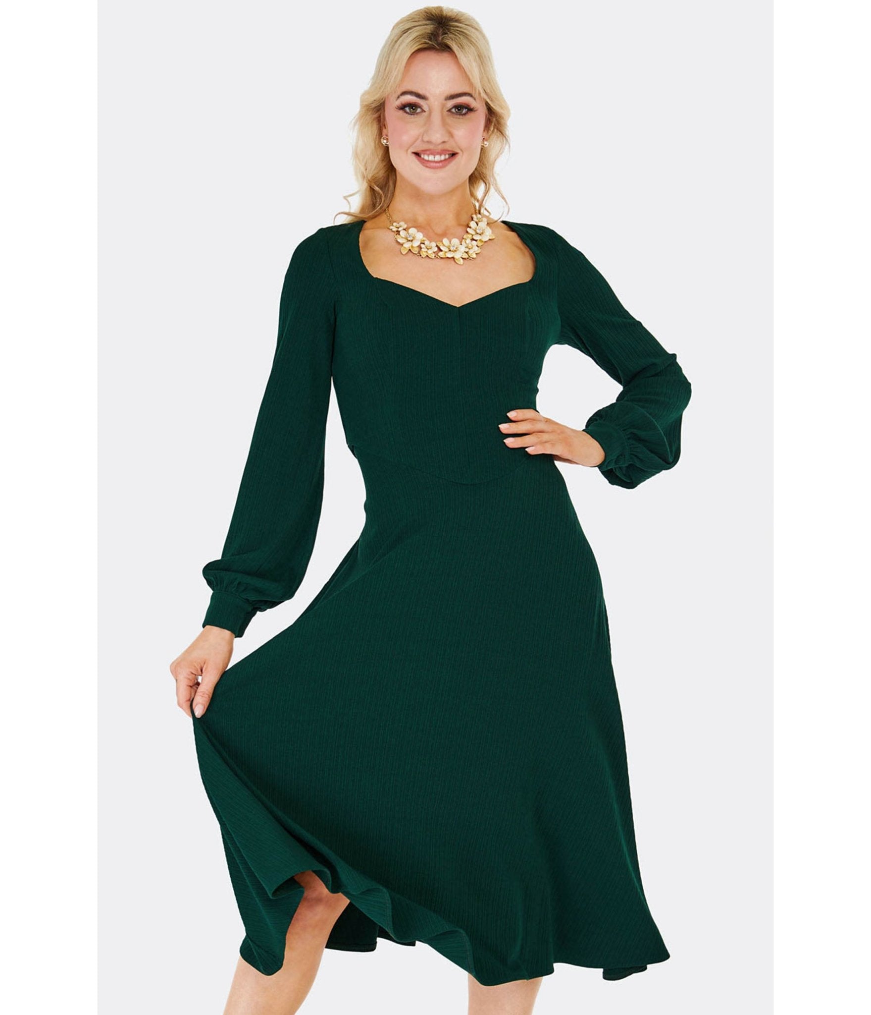 Voodoo Vixen Green Long Sleeve Swing Dress - Unique Vintage - Womens, DRESSES, FIT AND FLARE