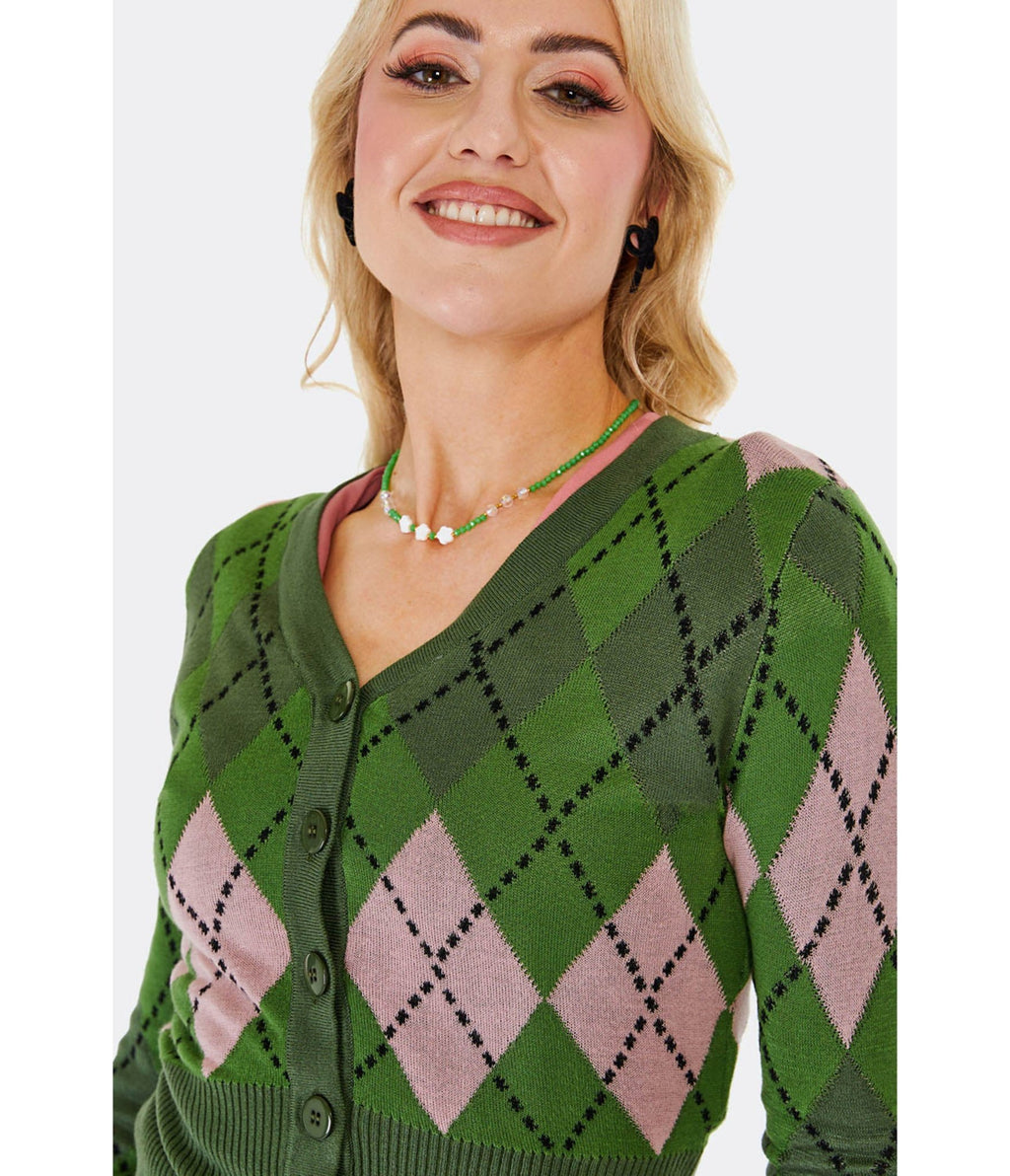 Voodoo Vixen Green & Pink Argyle Cardigan - Unique Vintage - Womens, TOPS, SWEATERS