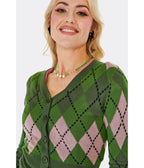 Voodoo Vixen Green & Pink Argyle Cardigan - Unique Vintage - Womens, TOPS, SWEATERS