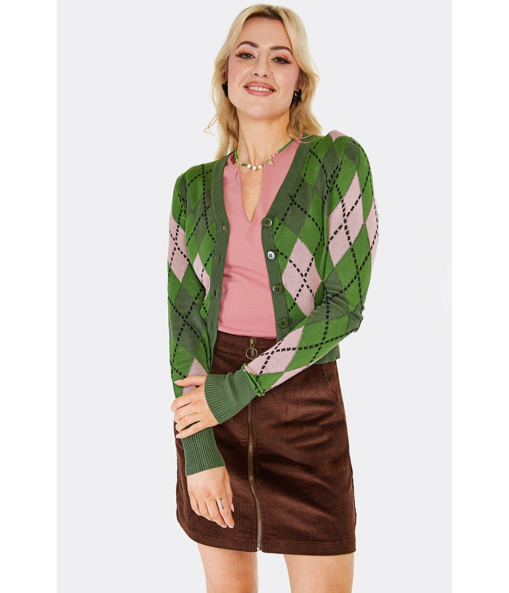 Voodoo Vixen Green & Pink Argyle Cardigan - Unique Vintage - Womens, TOPS, SWEATERS