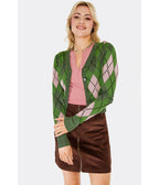 Voodoo Vixen Green & Pink Argyle Cardigan - Unique Vintage - Womens, TOPS, SWEATERS