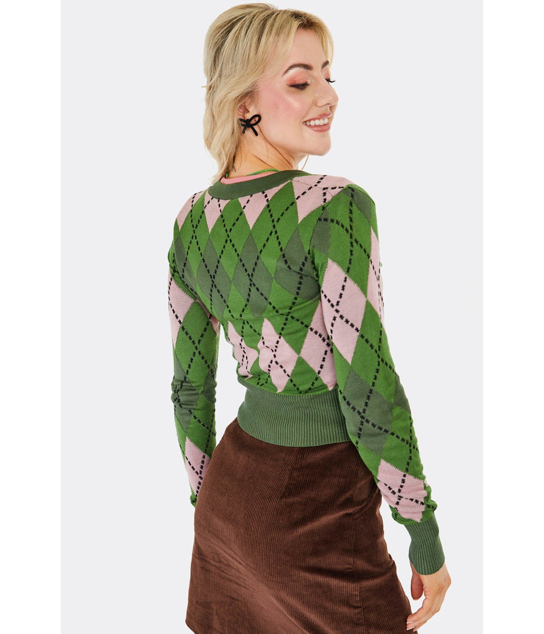 Voodoo Vixen Green & Pink Argyle Cardigan - Unique Vintage - Womens, TOPS, SWEATERS