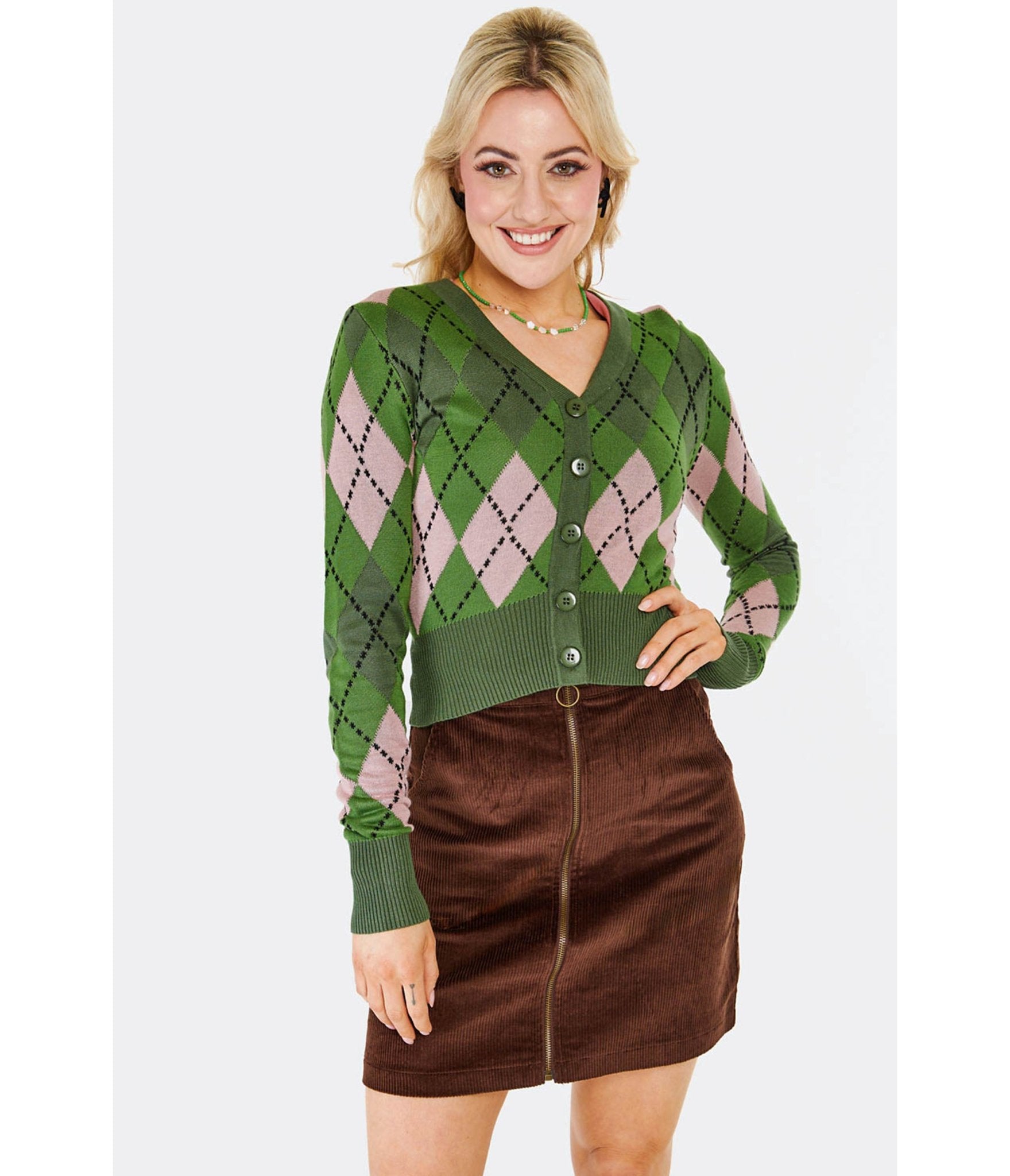 Voodoo Vixen Green & Pink Argyle Cardigan - Unique Vintage - Womens, TOPS, SWEATERS