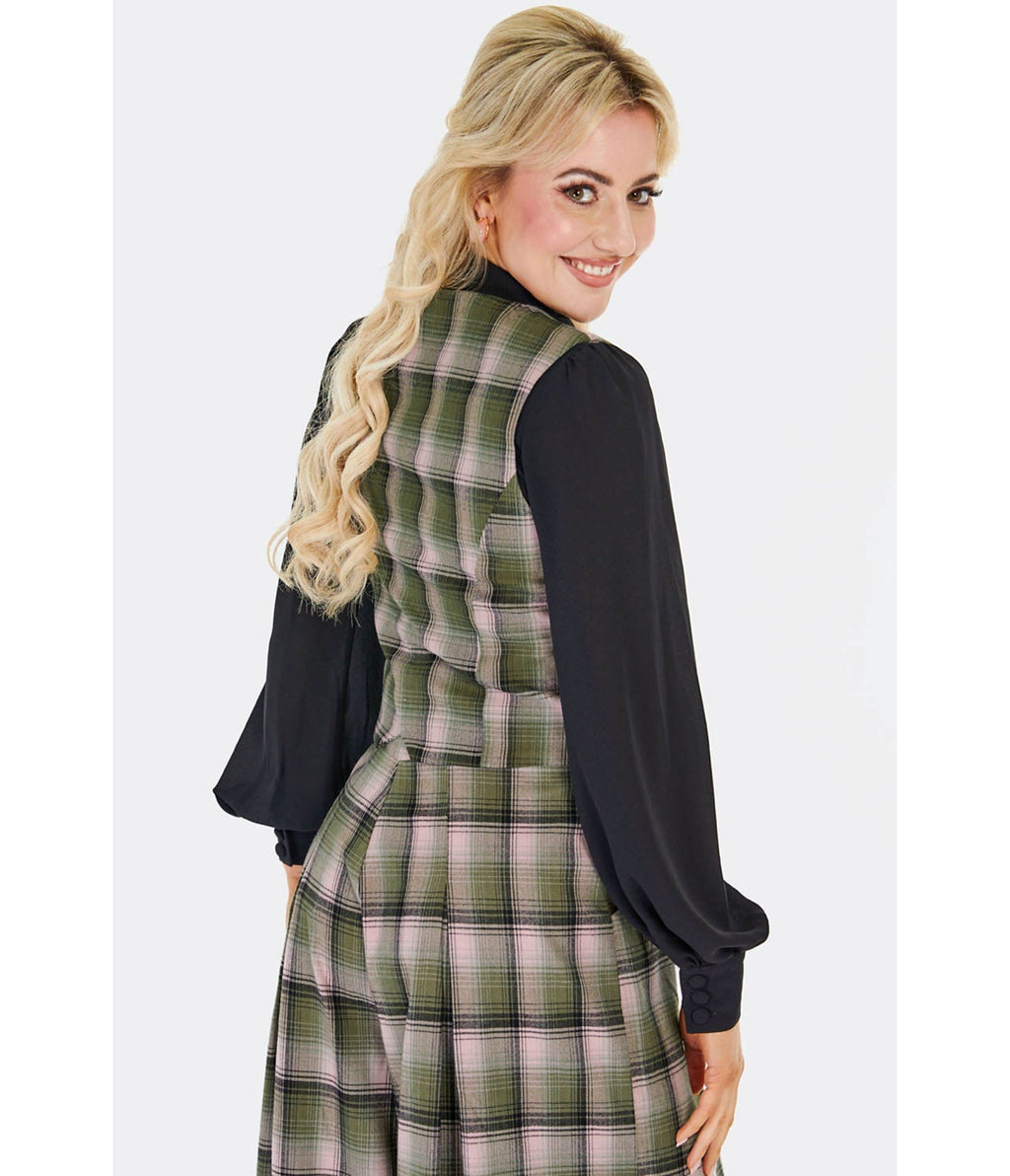 Voodoo Vixen Green Plaid & Floral Embroidered Vest - Unique Vintage - Womens, TOPS, WOVEN TOPS