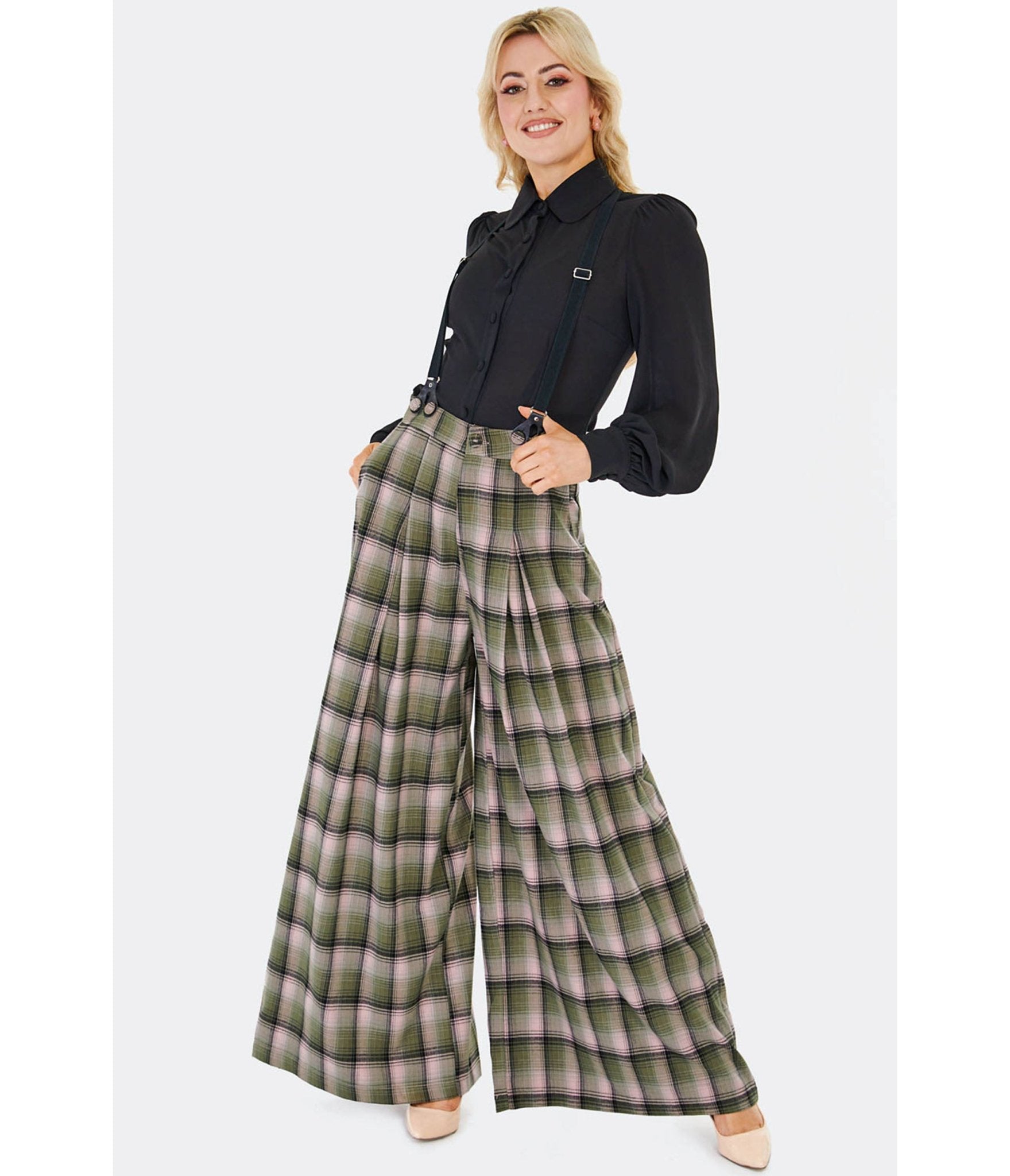 Voodoo Vixen Green Plaid Wide Leg Suspender Trousers - Unique Vintage - Womens, BOTTOMS, PANTS