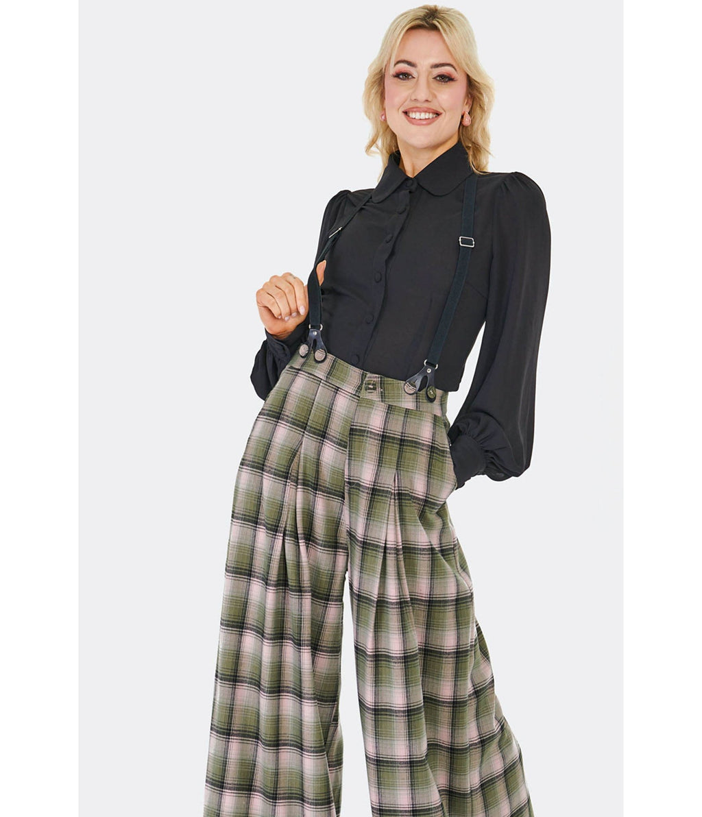 Voodoo Vixen Green Plaid Wide Leg Suspender Trousers - Unique Vintage - Womens, BOTTOMS, PANTS