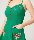 Voodoo Vixen Green Woodland Embroidered Fit & Flare Dress - Unique Vintage - Womens, DRESSES, FIT AND FLARE