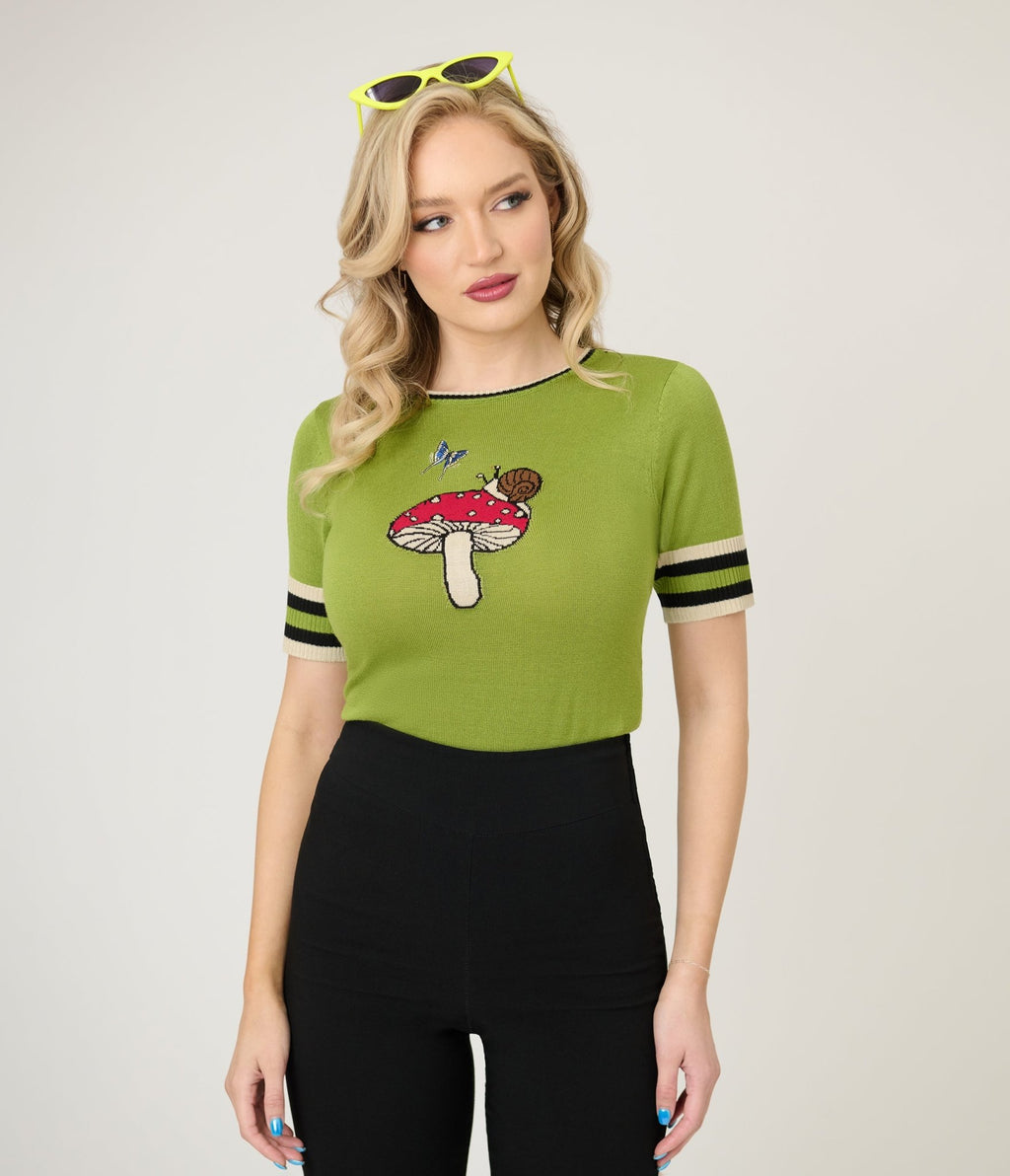 Voodoo Vixen Green Woodland Embroidered Knit Top - Unique Vintage - Womens, TOPS, KNIT TOPS