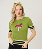 Voodoo Vixen Green Woodland Embroidered Knit Top - Unique Vintage - Womens, TOPS, KNIT TOPS