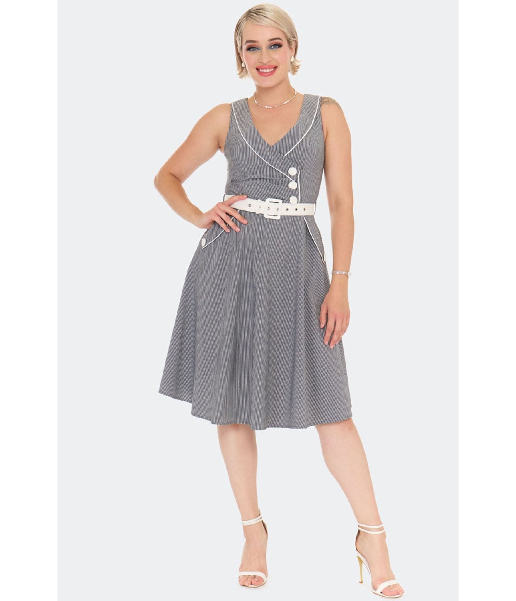 Voodoo Vixen Grey Pinstripe Flare Dress - Unique Vintage - Womens, DRESSES, FIT AND FLARE