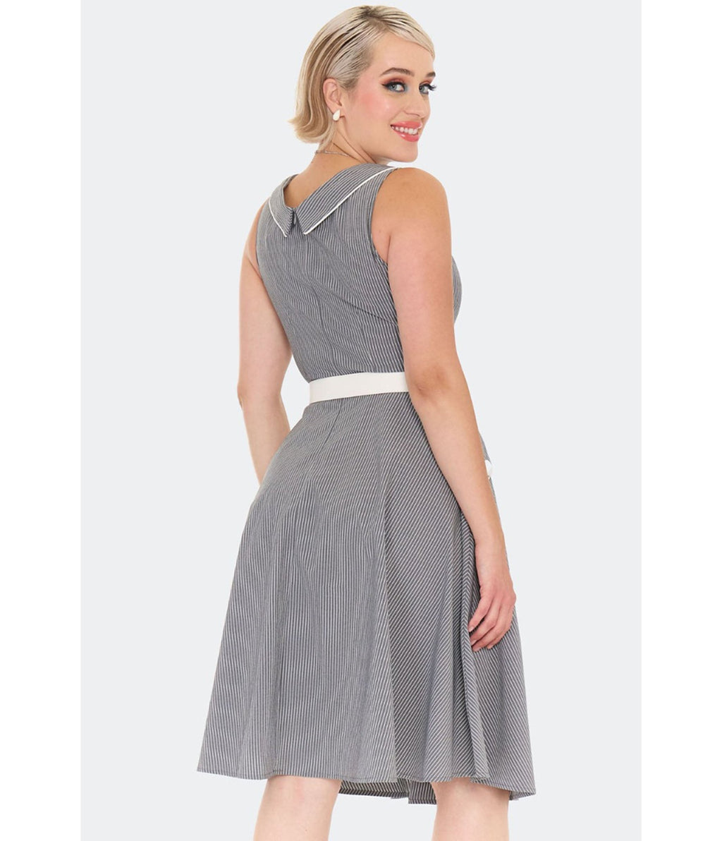 Voodoo Vixen Grey Pinstripe Flare Dress - Unique Vintage - Womens, DRESSES, FIT AND FLARE
