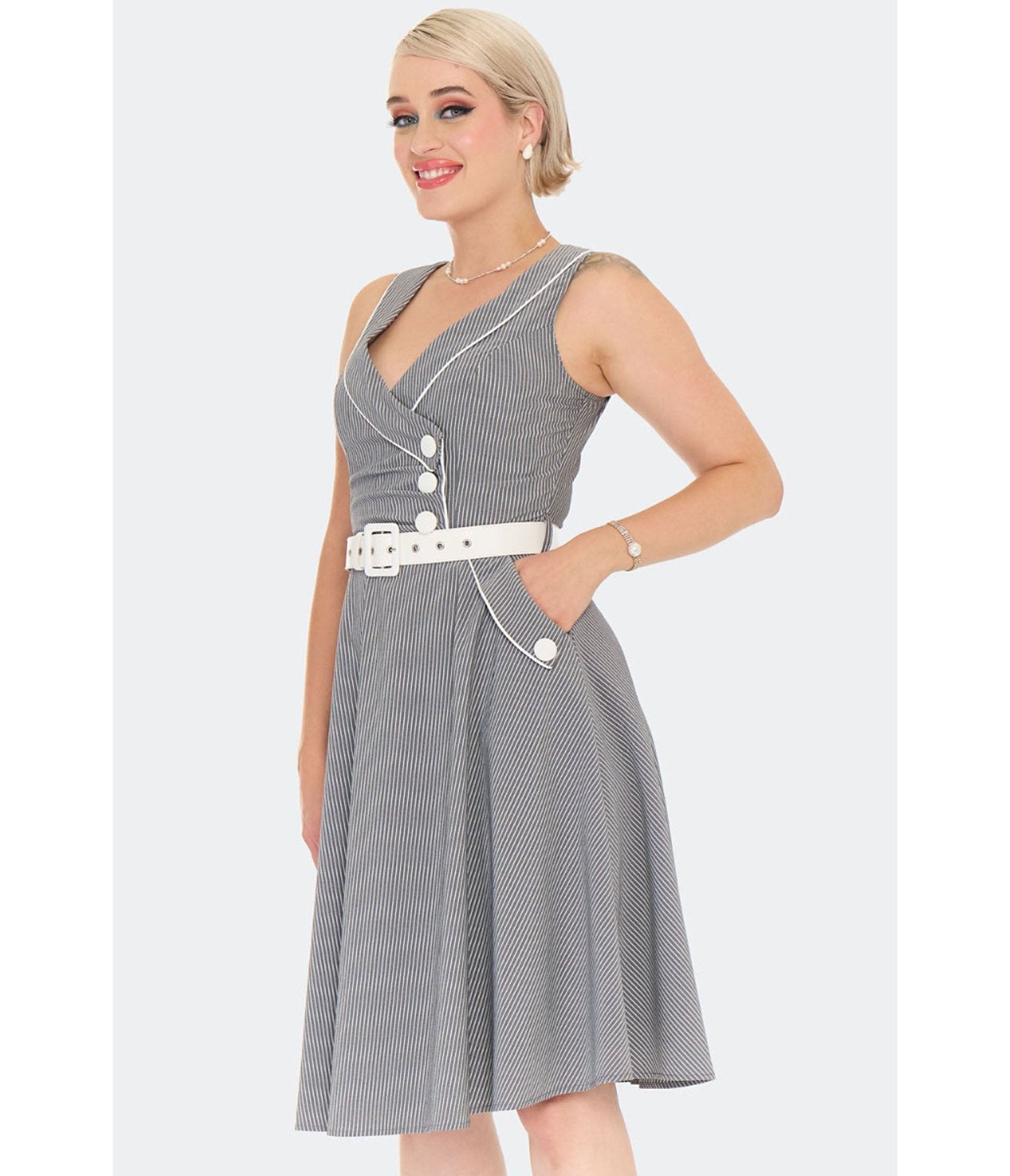 Voodoo Vixen Grey Pinstripe Flare Dress - Unique Vintage - Womens, DRESSES, FIT AND FLARE