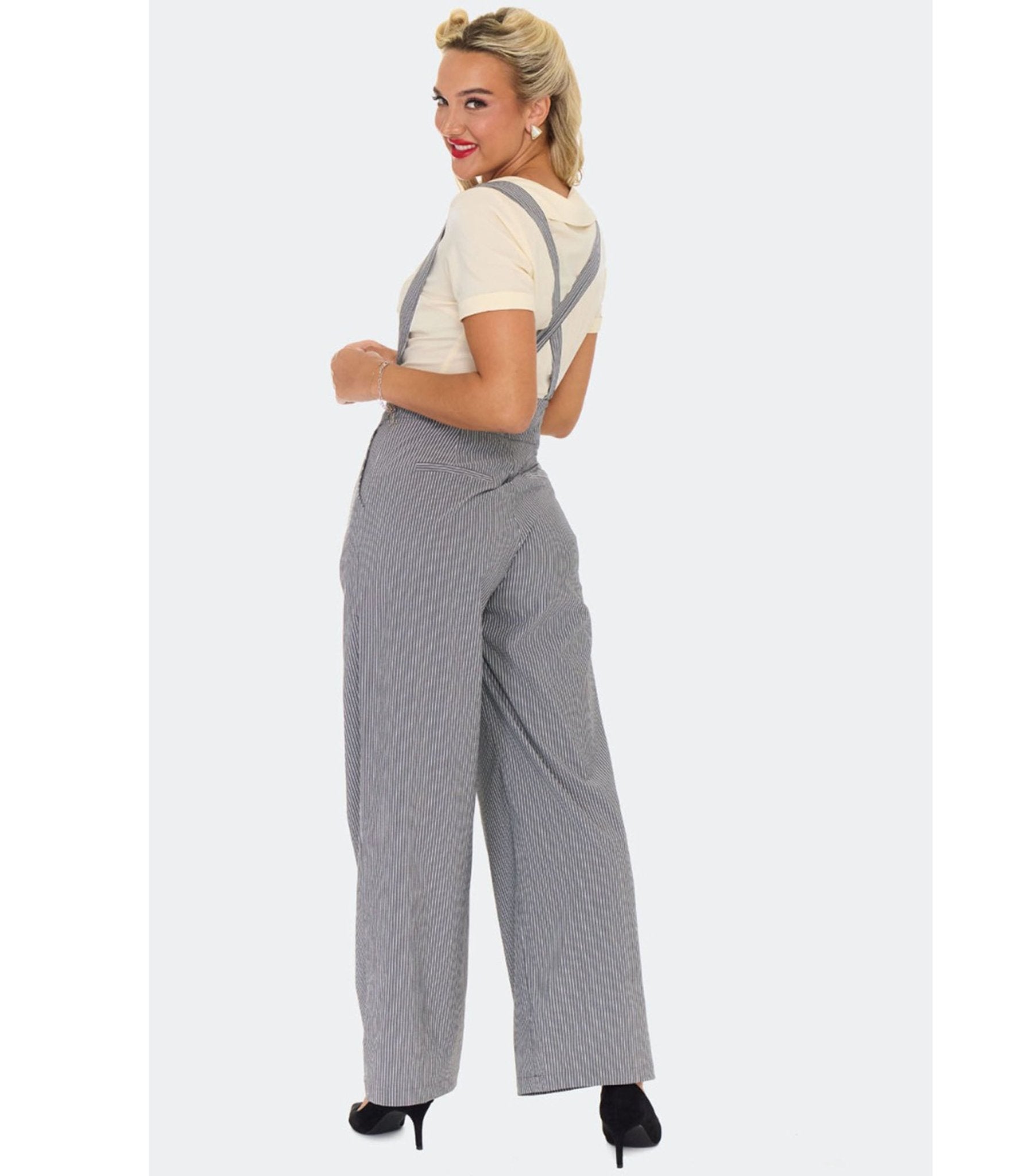 Voodoo Vixen Grey Pinstripe Suspender Trousers - Unique Vintage - Womens, BOTTOMS, PANTS