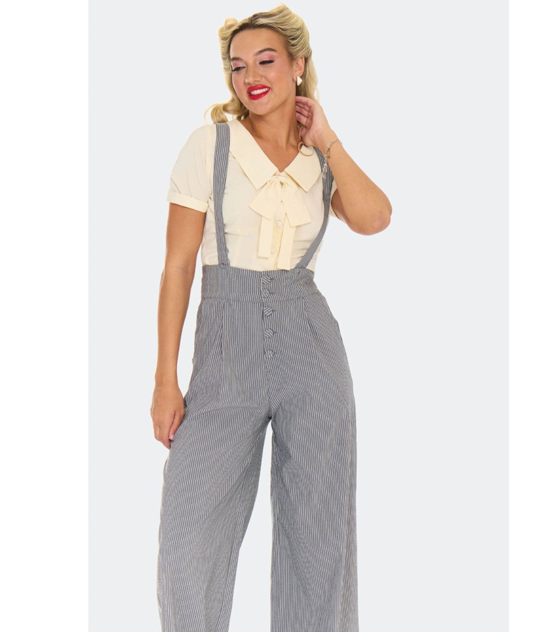 Voodoo Vixen Grey Pinstripe Suspender Trousers - Unique Vintage - Womens, BOTTOMS, PANTS
