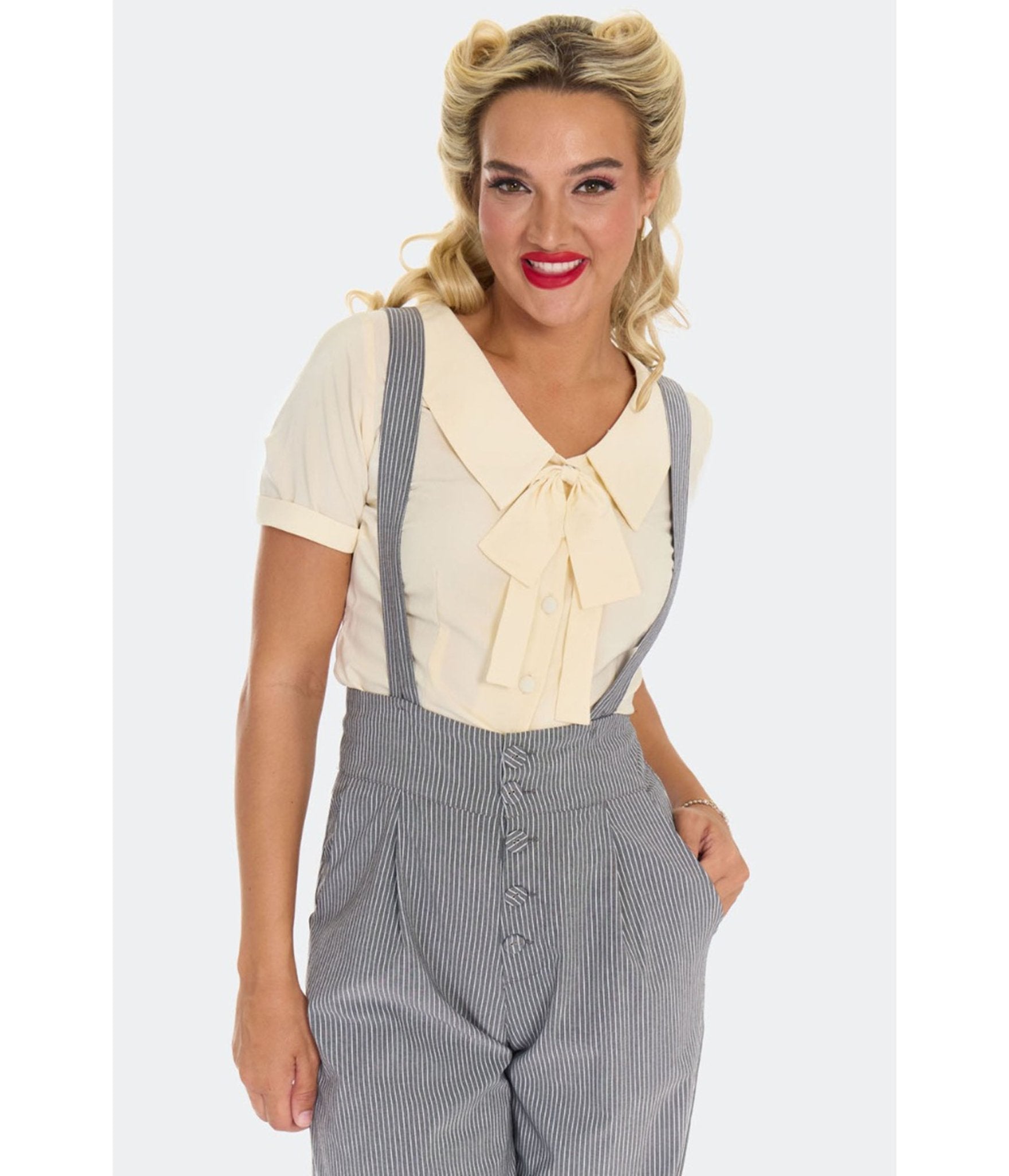 Voodoo Vixen Grey Pinstripe Suspender Trousers - Unique Vintage - Womens, BOTTOMS, PANTS