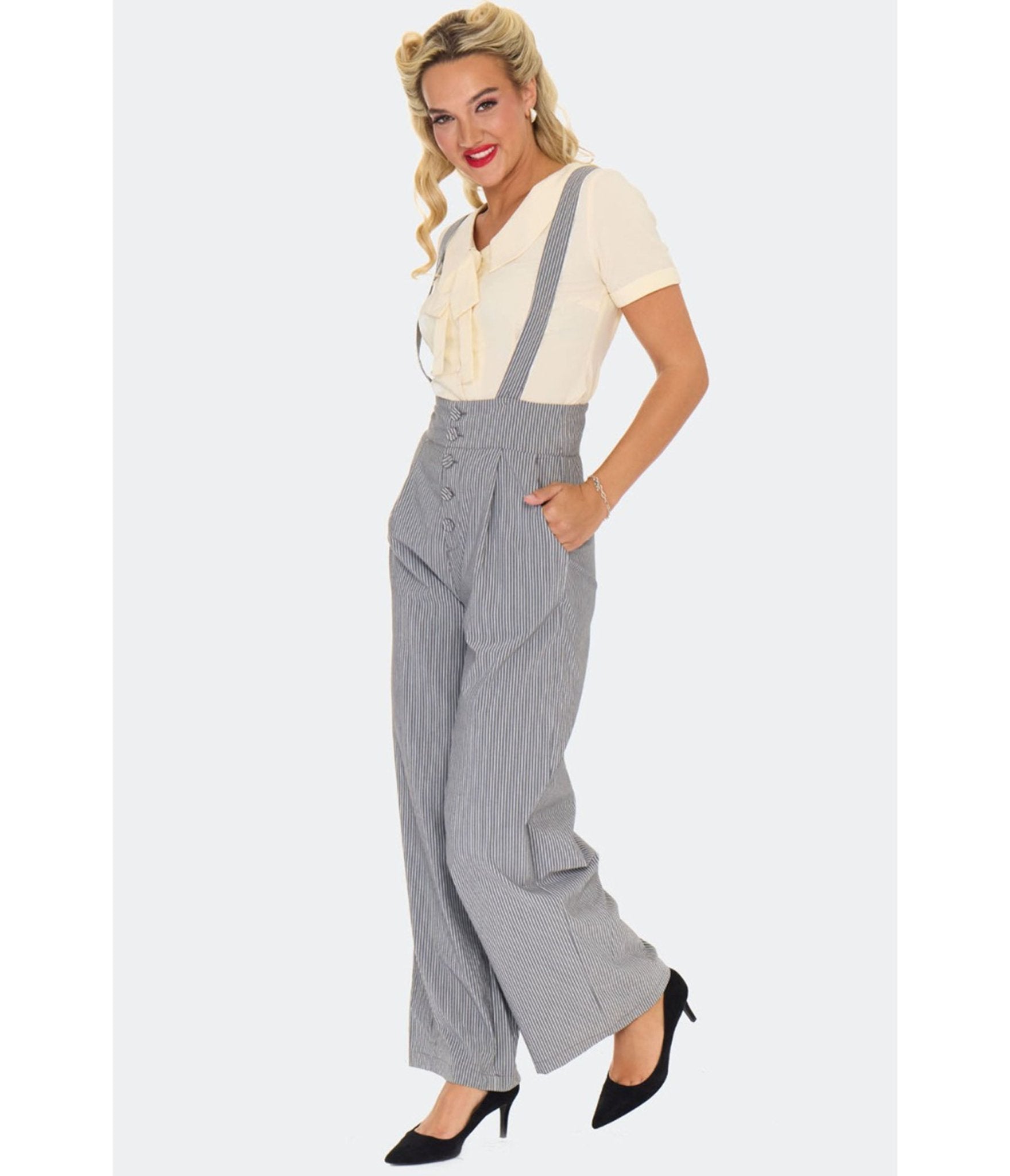 Voodoo Vixen Grey Pinstripe Suspender Trousers - Unique Vintage - Womens, BOTTOMS, PANTS