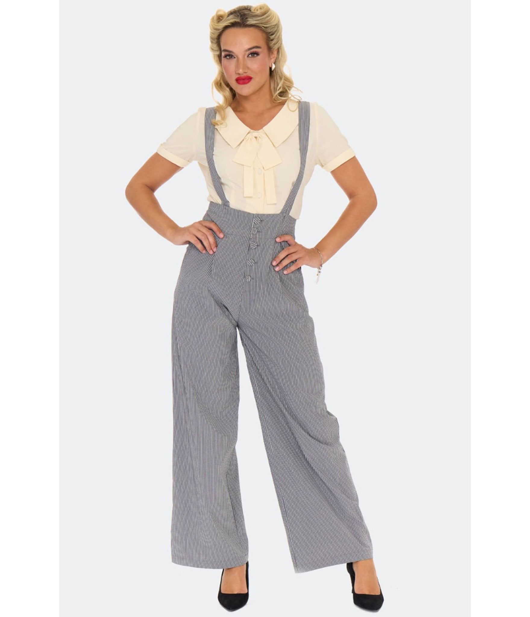 Voodoo Vixen Grey Pinstripe Suspender Trousers - Unique Vintage - Womens, BOTTOMS, PANTS