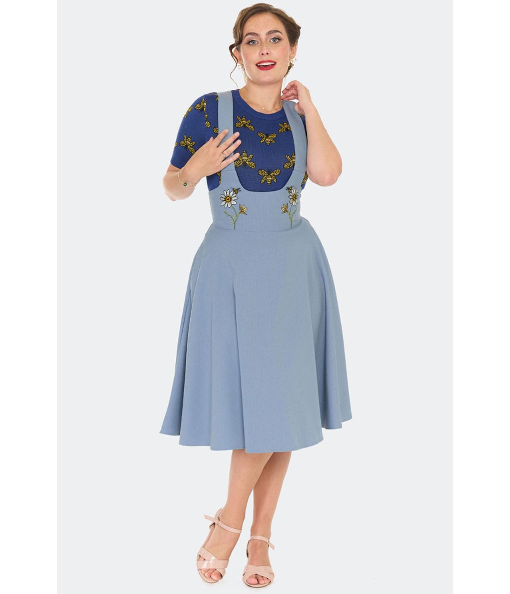 Voodoo Vixen Light Blue Embroidered Suspender Skirt - Unique Vintage - Womens, BOTTOMS, SKIRTS