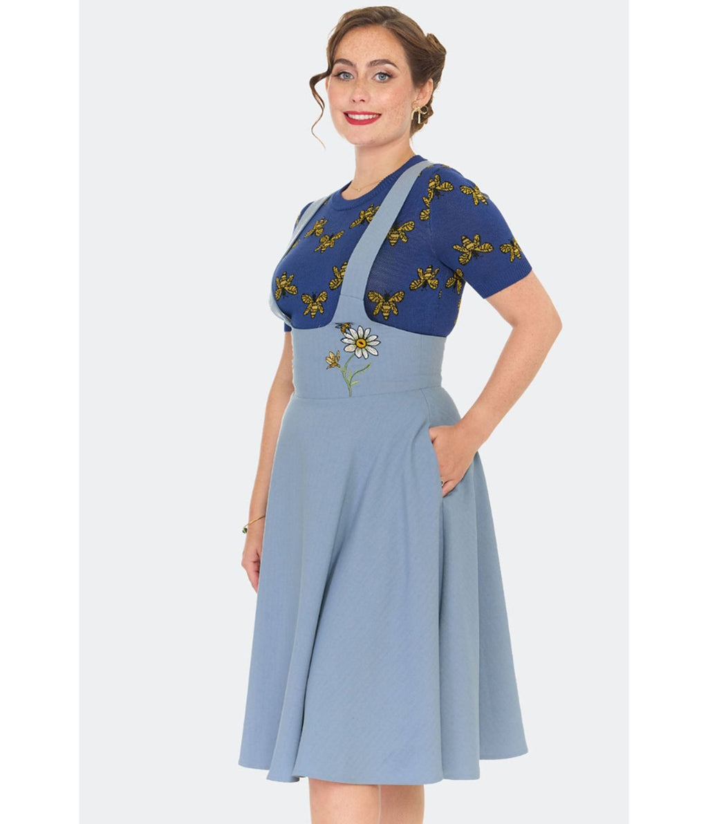 Voodoo Vixen Light Blue Embroidered Suspender Skirt - Unique Vintage - Womens, BOTTOMS, SKIRTS