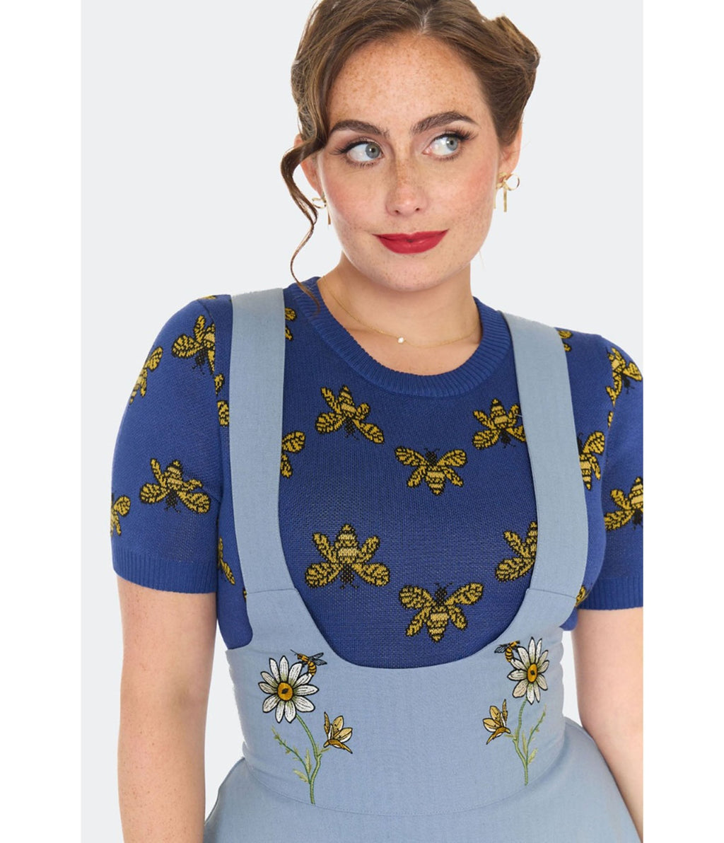 Voodoo Vixen Light Blue Embroidered Suspender Skirt - Unique Vintage - Womens, BOTTOMS, SKIRTS