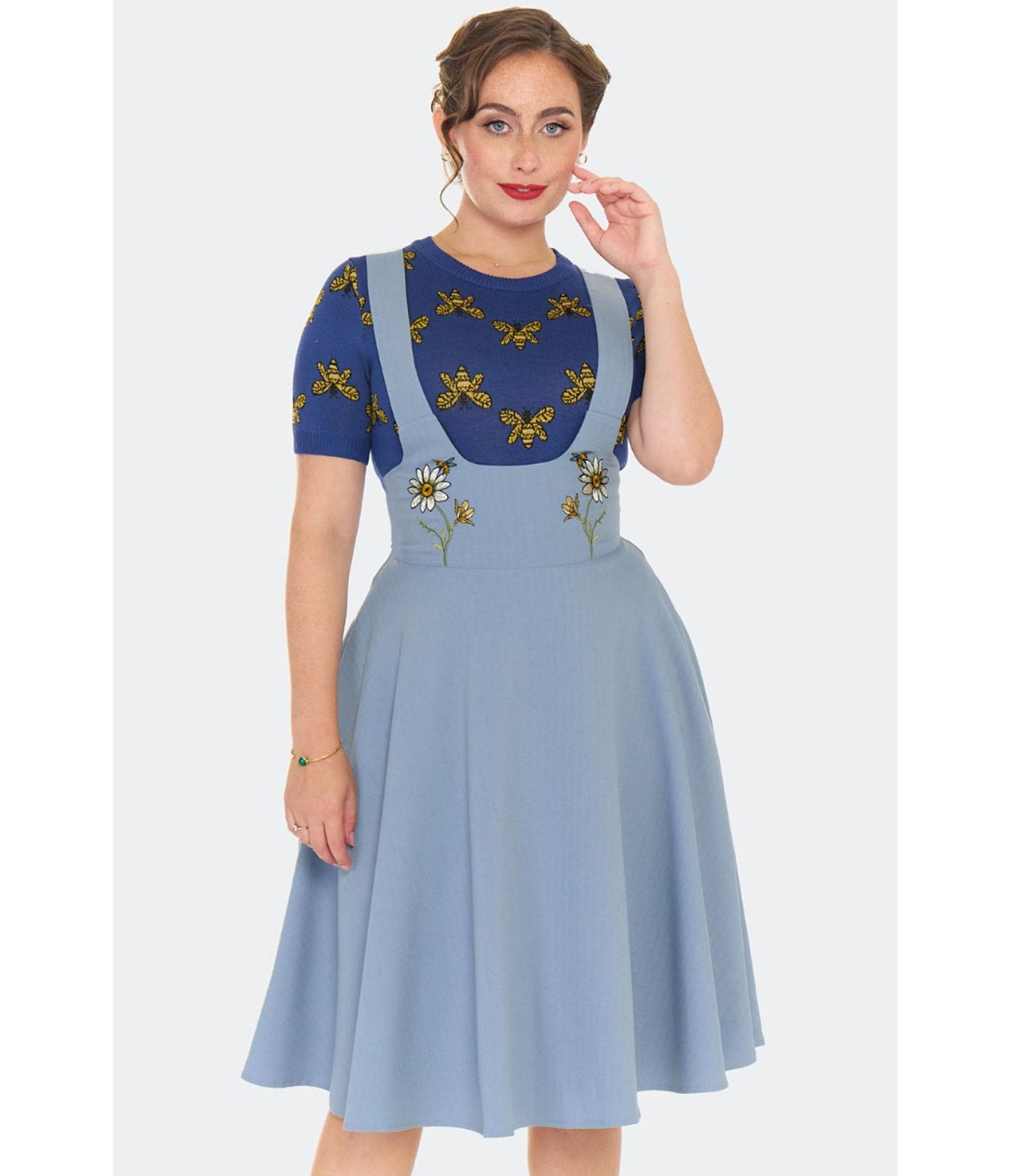 Voodoo Vixen Light Blue Embroidered Suspender Skirt - Unique Vintage - Womens, BOTTOMS, SKIRTS