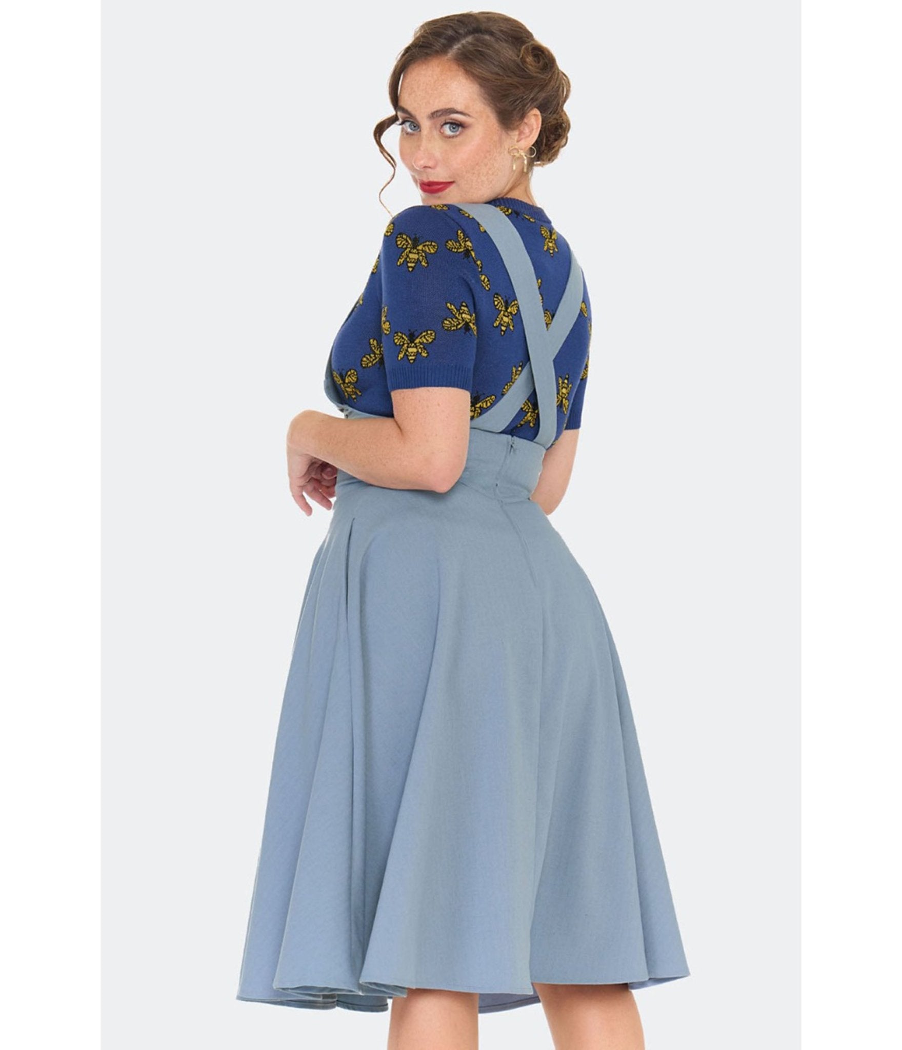 Voodoo Vixen Light Blue Embroidered Suspender Skirt - Unique Vintage - Womens, BOTTOMS, SKIRTS