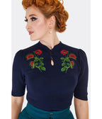 Voodoo Vixen Navy Venus Flytrap Keyhole Sweater - Unique Vintage - Womens, TOPS, SWEATERS