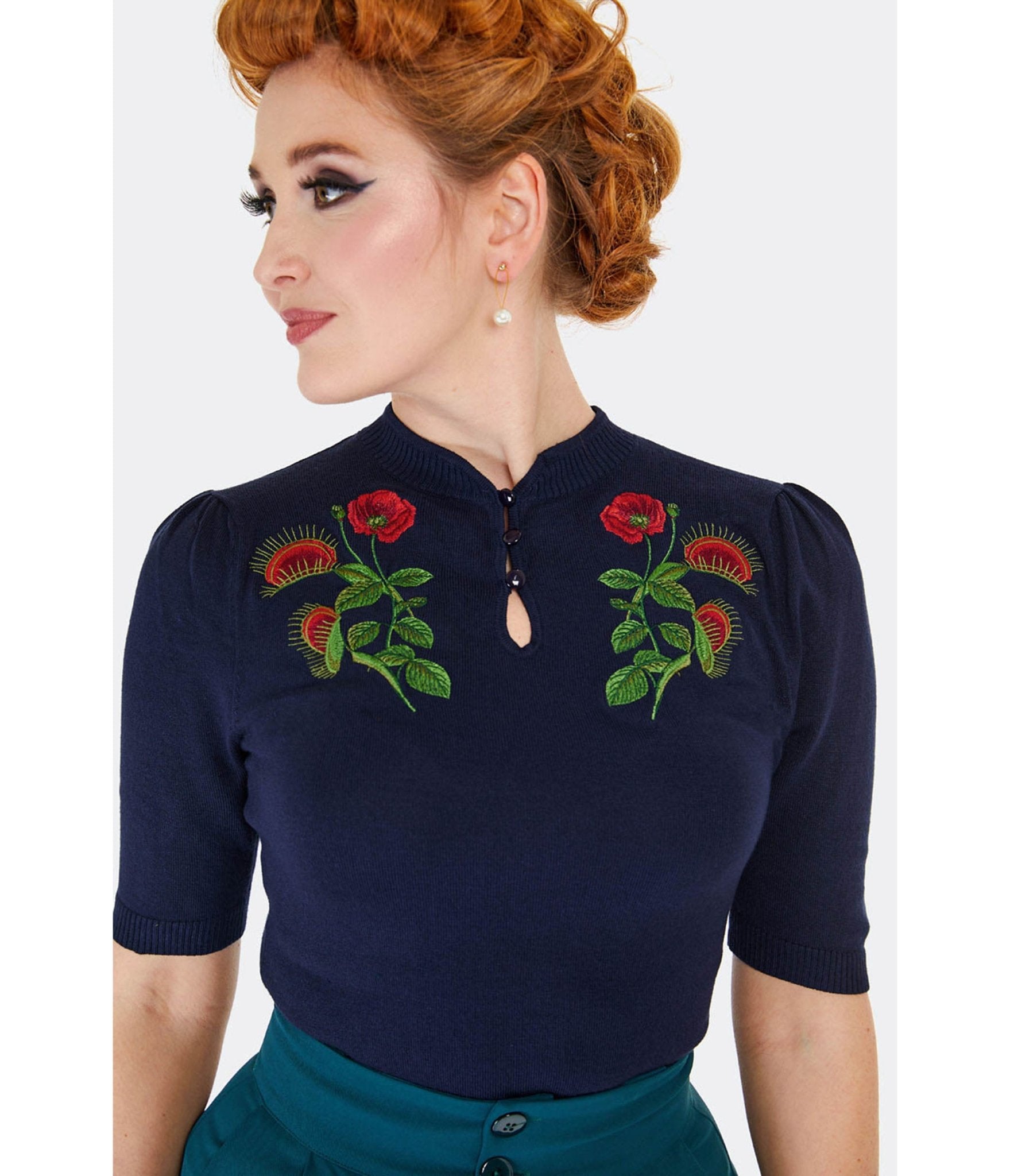 Voodoo Vixen Navy Venus Flytrap Keyhole Sweater - Unique Vintage - Womens, TOPS, SWEATERS