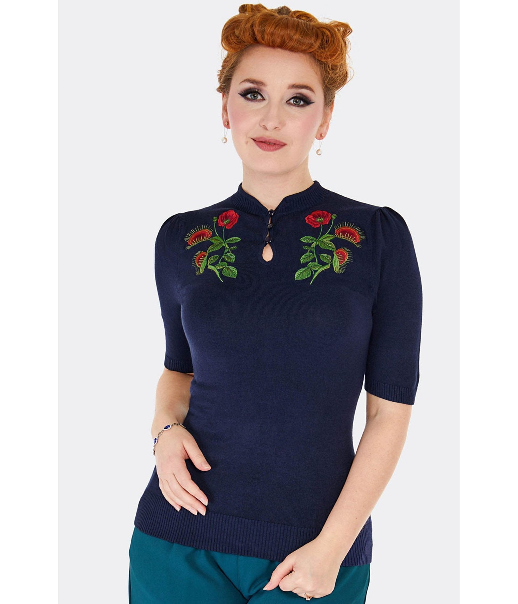 Voodoo Vixen Navy Venus Flytrap Keyhole Sweater - Unique Vintage - Womens, TOPS, SWEATERS