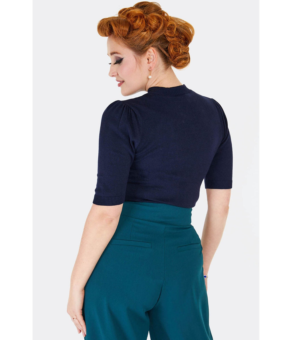 Voodoo Vixen Navy Venus Flytrap Keyhole Sweater - Unique Vintage - Womens, TOPS, SWEATERS