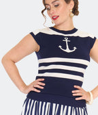 Voodoo Vixen Navy & White Anchor Sweater - Unique Vintage - Womens, TOPS, SWEATERS