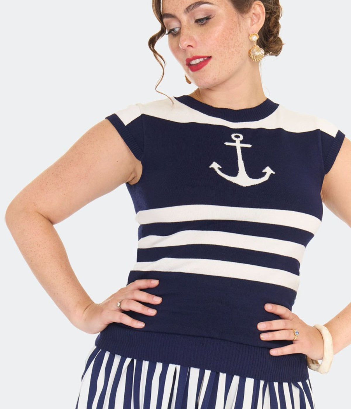 Voodoo Vixen Navy & White Anchor Sweater - Unique Vintage - Womens, TOPS, SWEATERS