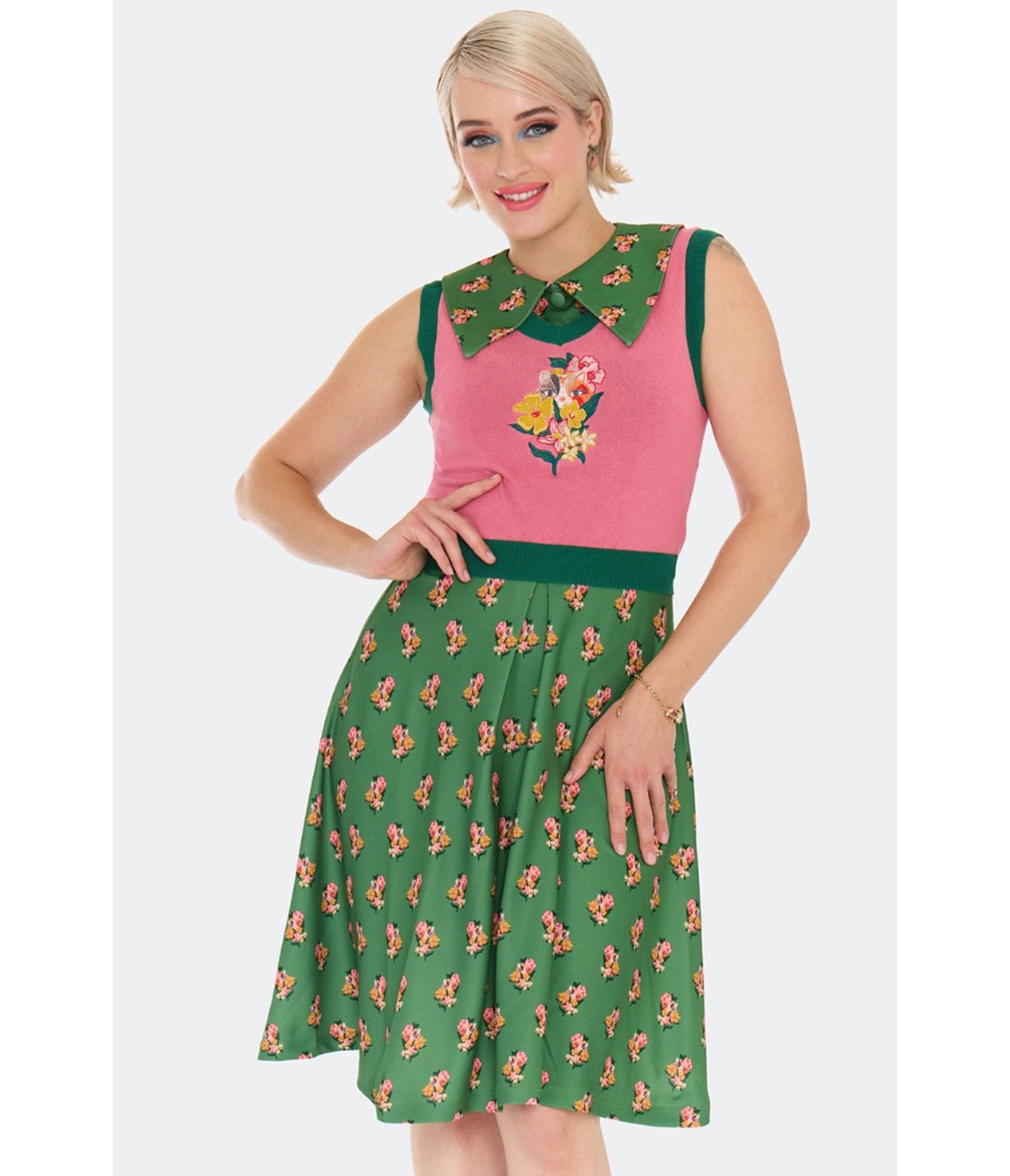 Voodoo Vixen Pink Floral Cat Embroidered Sweater Vest - Unique Vintage - Womens, TOPS, SWEATERS AND VESTS