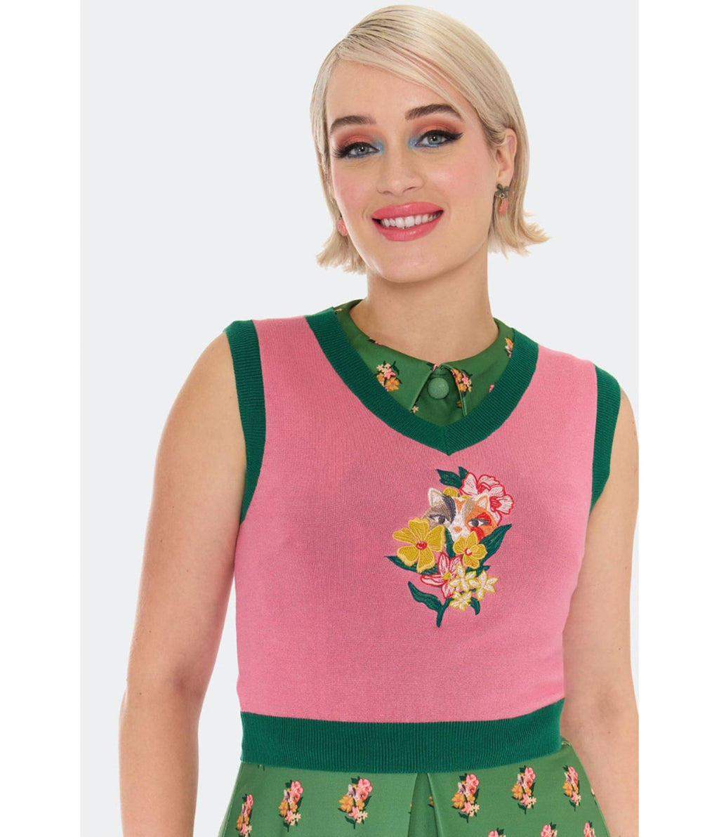 Voodoo Vixen Pink Floral Cat Embroidered Sweater Vest - Unique Vintage - Womens, TOPS, SWEATERS AND VESTS