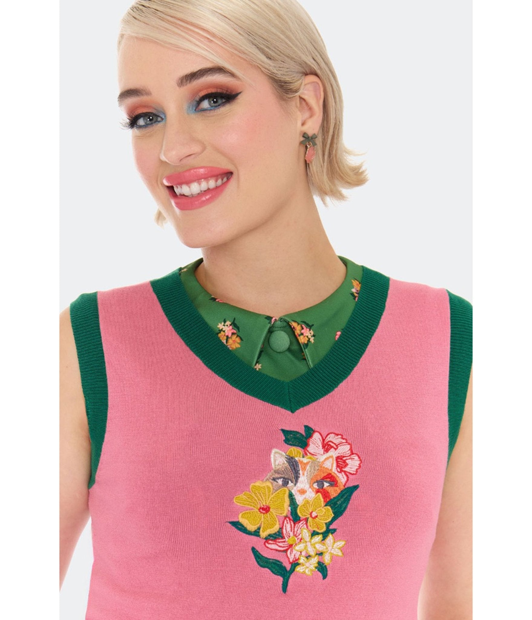Voodoo Vixen Pink Floral Cat Embroidered Sweater Vest - Unique Vintage - Womens, TOPS, SWEATERS AND VESTS