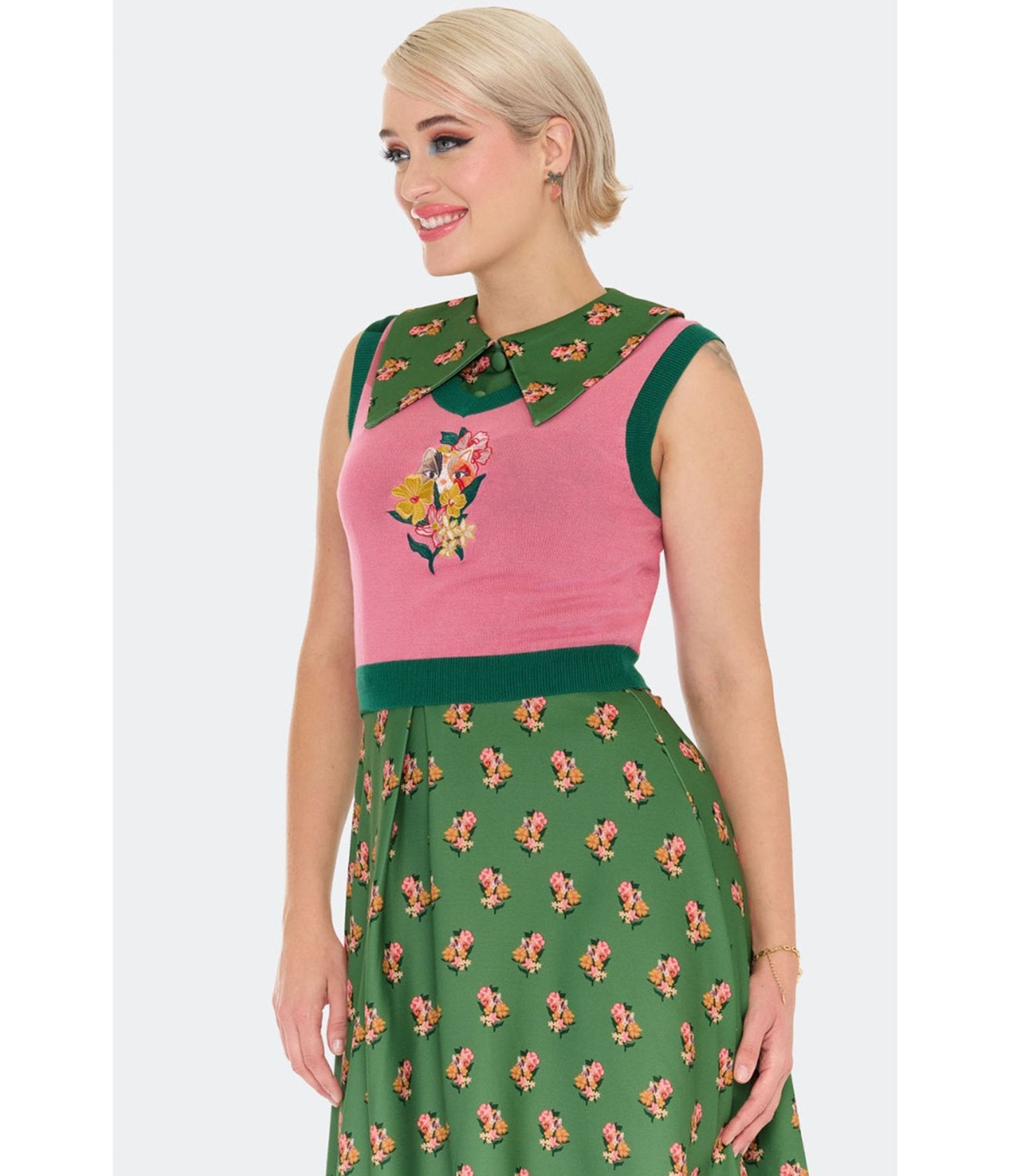 Voodoo Vixen Pink Floral Cat Embroidered Sweater Vest - Unique Vintage - Womens, TOPS, SWEATERS AND VESTS