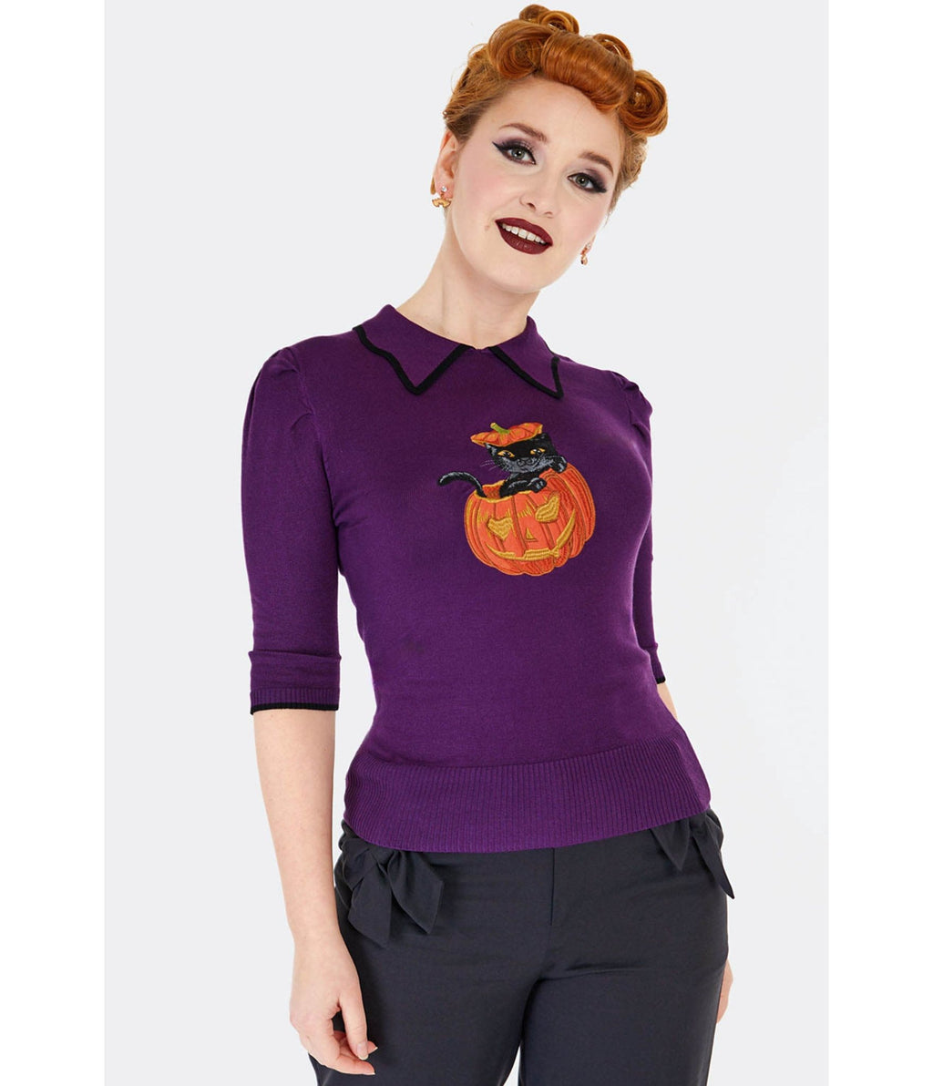 Voodoo Vixen Purple Cat & Pumpkin Collared Sweater - Unique Vintage - Womens, TOPS, SWEATERS