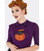 Voodoo Vixen Purple Cat & Pumpkin Collared Sweater - Unique Vintage - Womens, TOPS, SWEATERS