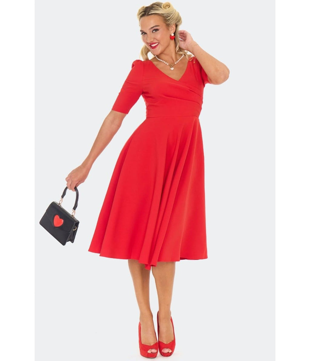 Voodoo Vixen Red Half Sleeve Swing Dress - Unique Vintage - Womens, DRESSES, FIT AND FLARE
