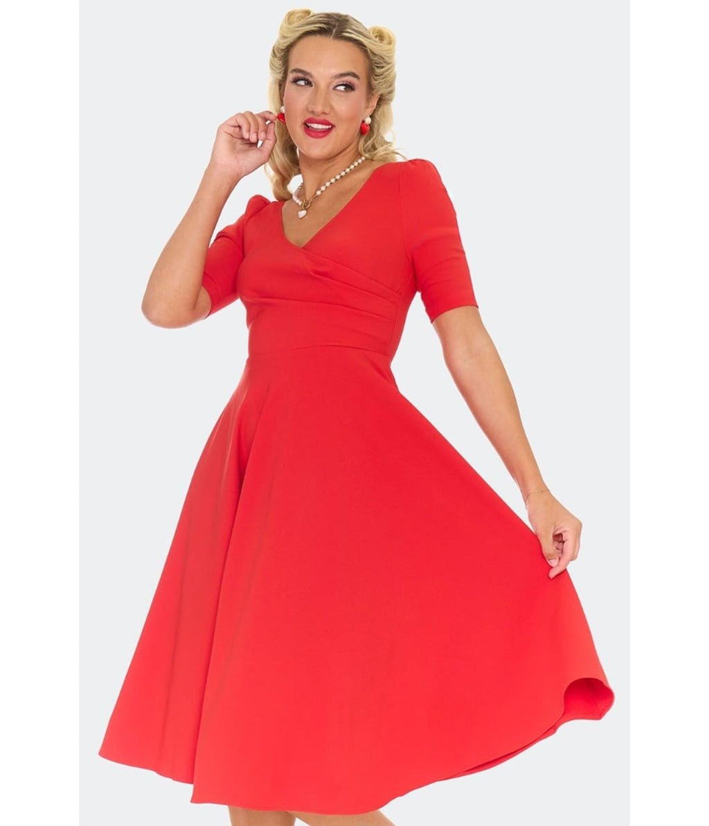 Voodoo Vixen Red Half Sleeve Swing Dress - Unique Vintage - Womens, DRESSES, FIT AND FLARE