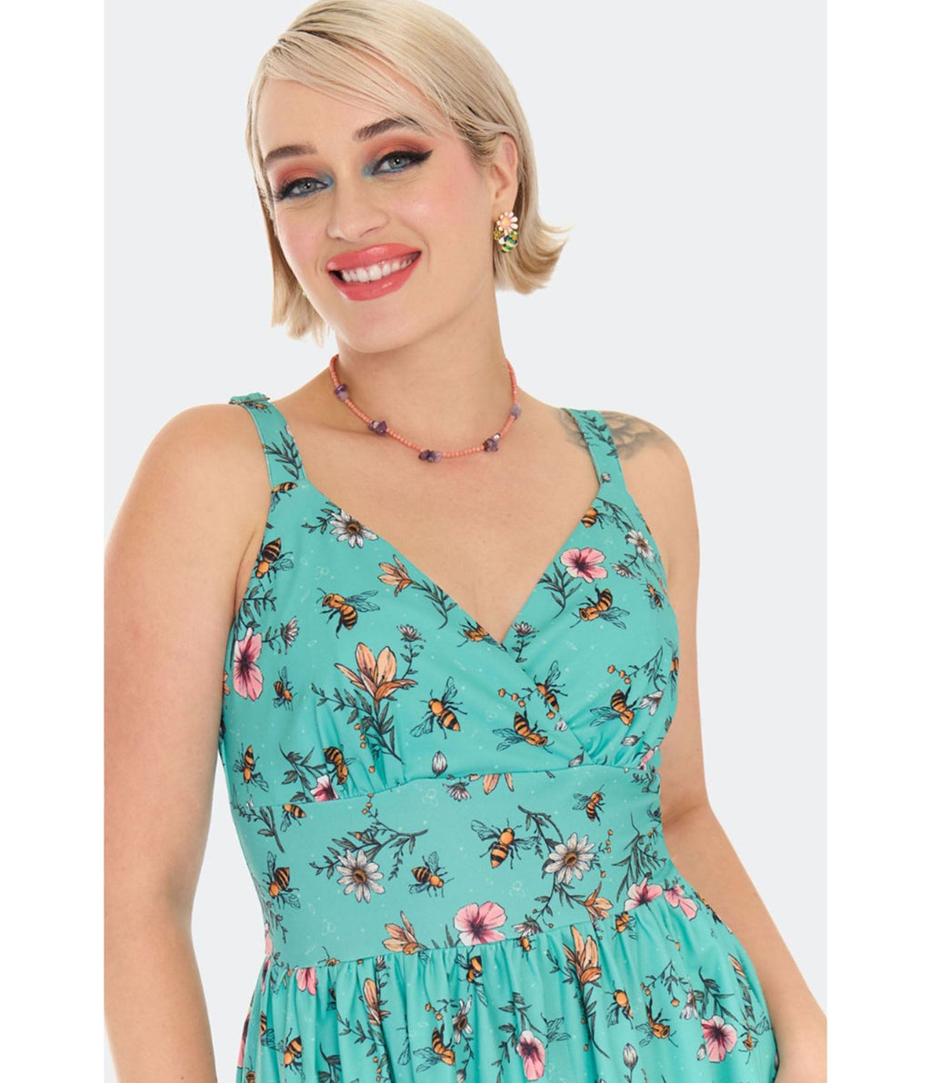Voodoo Vixen Teal Floral & Bee Print Flare Dress - Unique Vintage - Womens, DRESSES, FIT AND FLARE