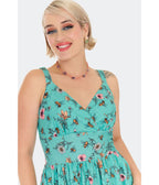 Voodoo Vixen Teal Floral & Bee Print Flare Dress - Unique Vintage - Womens, DRESSES, FIT AND FLARE